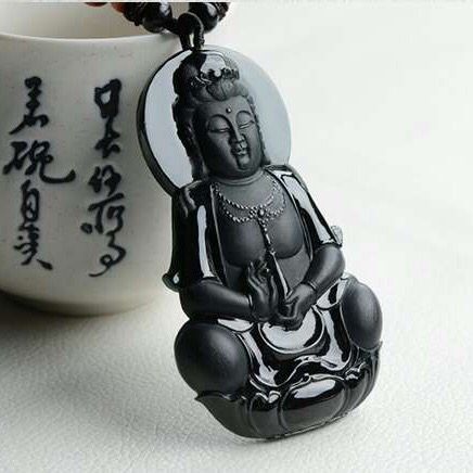 天然A货翡翠 墨翠观音挂件