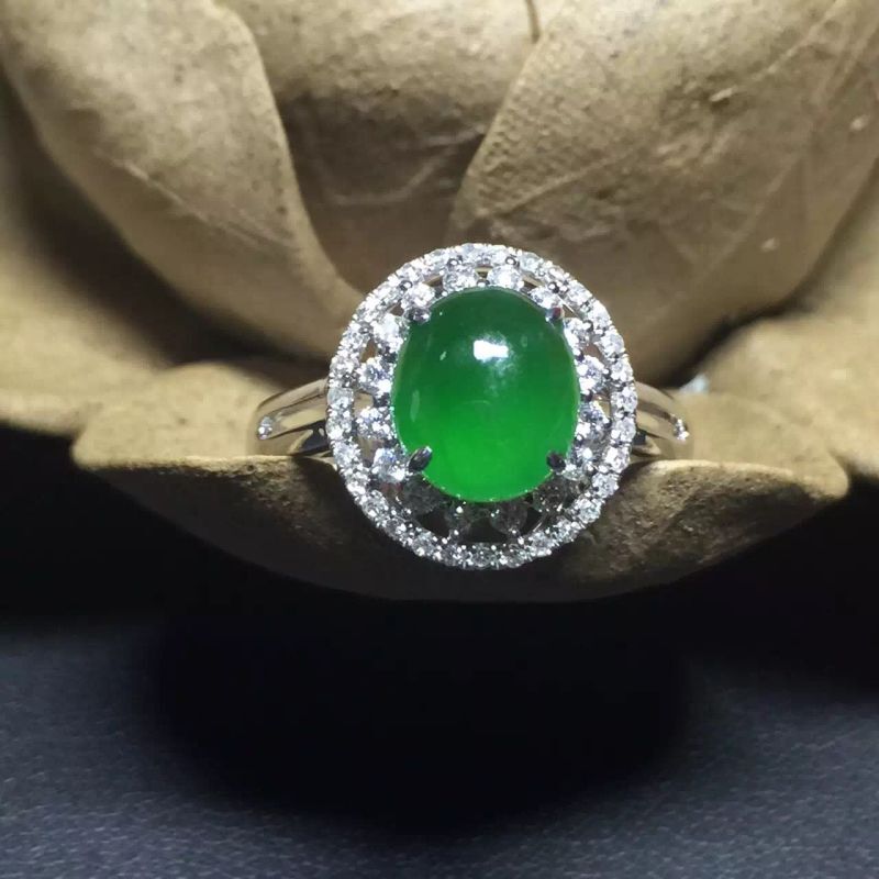 天然A货翡翠 冰种满绿 精美镶嵌18K金戒指 戒指