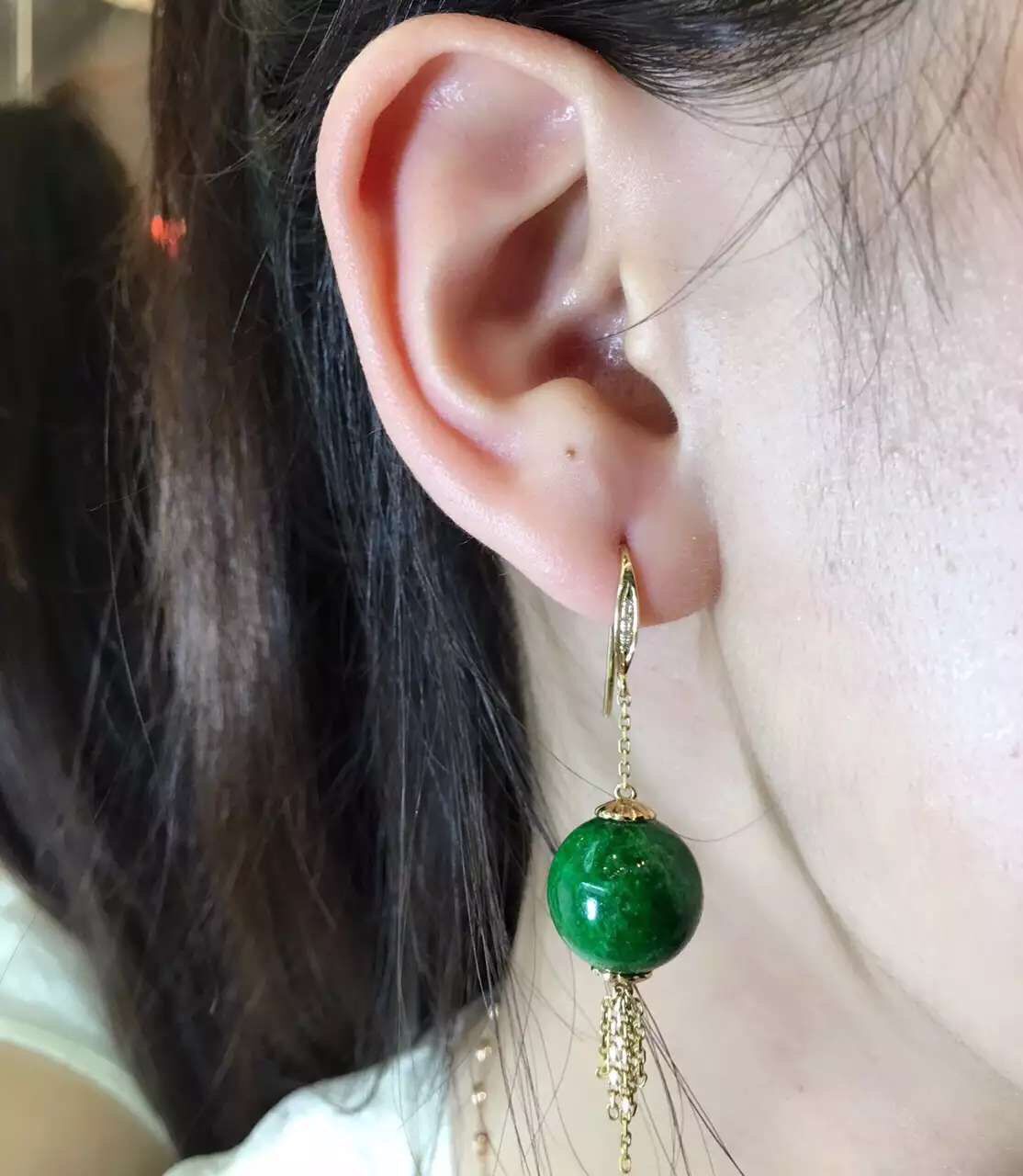 天然A货翡翠 满色花青珠子耳坠