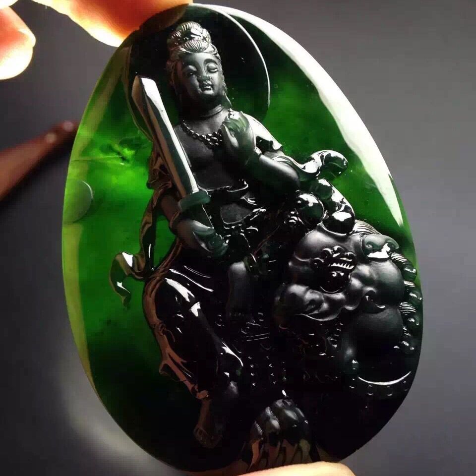 天然A货翡翠 墨翠文殊菩萨